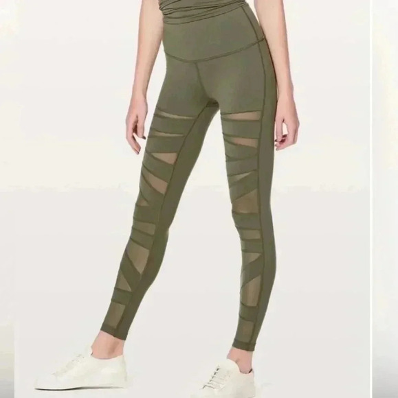 Lululemon Wunder Under Mix & Mesh Olive Sage Green Luxtreme Leggings Size 2 - Picture 1 of 3